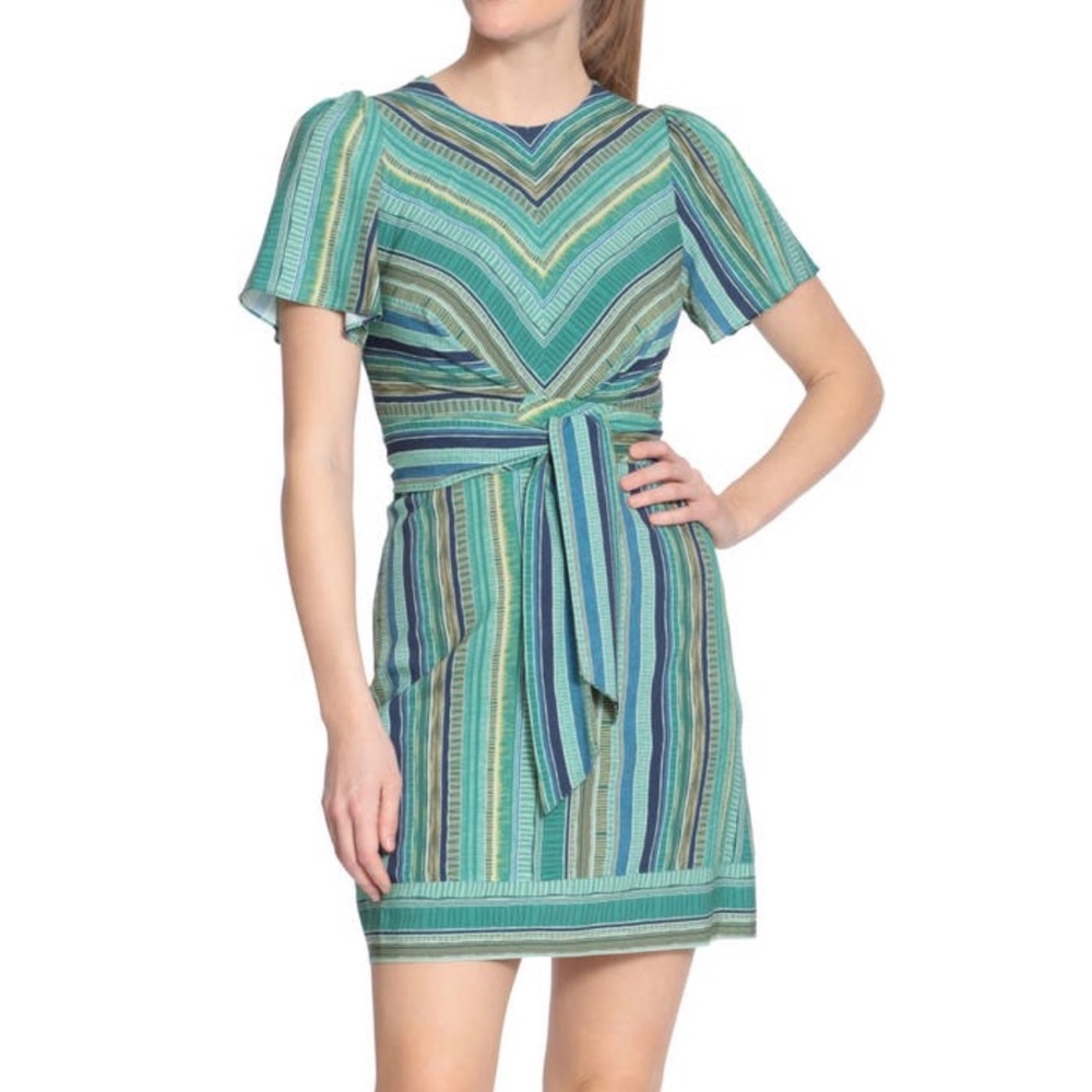 London Times Blue Green Yellow Chevron Stripe Tie Casual Summer Mini Dress sz 10
